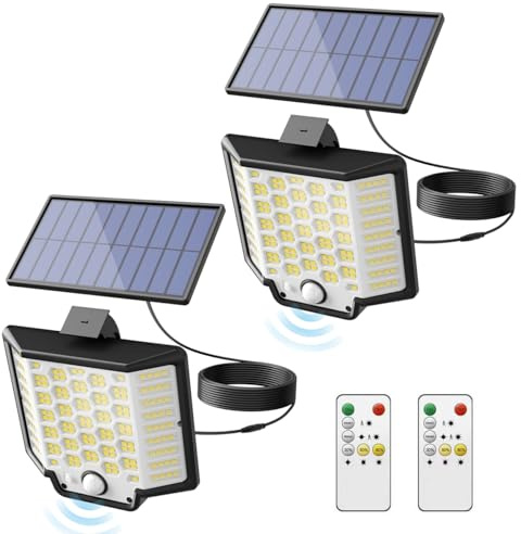 Lumières solaires extérieures, 186 LED 3000LM capteur de mouvement solaire Lumières d'inondation avec télécommande, crépuscule à l'aube LED Lumières murales de sécurité solaire avec câble IP65 impermé