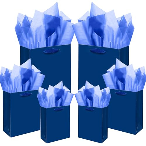 Gcardis marineblaue Geschenktüten mit Seidenpapier in verschiedenen Größen, 10 Stück Geschenktüten zum Geburtstag (2 Stück groß 13, 4 Stück mittel 9, 4 Stück klein 6, Seidenpapier)