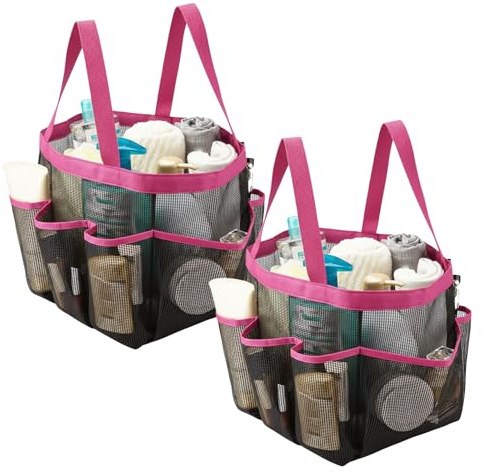 2 stycken duschväskor camping, 21 x 21 x 24 cm duschväska med 8 fickor, strandväska dam, nätdusch caddy basket, haundry Mesh dusch Caddy Tote, för strand semester, resor picknick, gym, badrum, rosa