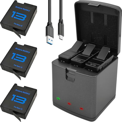 Battery Charger Bundle Kits for GoPro Hero 13 Black - 3 Pack Enduro Rechargeable Extra Batteries for Go Pro Hero13 GoPro13 Triple Charging Case Charger Station