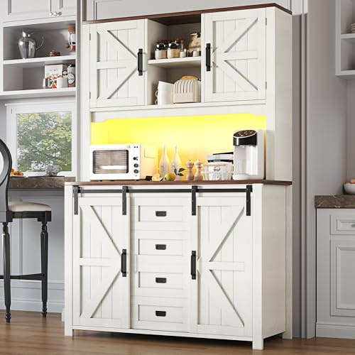 OUNICE Buffet Haut Cuisine, Armoire de Cuisine, Meuble de Rangement avec Portes coulissantes et éclairage LED, Espace de Rangement Multicouche, 115×40×174.7 cm Blanc