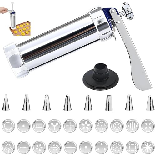 JIUCHAOTONG Gebäckpresse, Spritzgebäck, Gebäckpresse Edelstahl, Gadgets Zum Keksbacken, Spritzgebäck Maschine, mit 20 Aufsätzen und 8 Edelstahl-Düsen, für Herstellung von Kuchen, Keksen und Churros