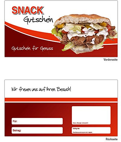 25 Snack Gutscheine Gutscheinkarten Geschenkgutscheine – edel neutral Pommes, Döner, Currywurst, Bude, Gastronomie, Restaurant, Bar und Imbiss