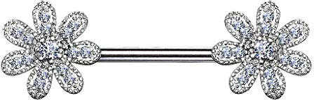 Piersando Brustwarzen Piercing Intimpiercing Nippelpiercing Brust Nippel Intim Brustwarzenpiercing Barbell Blume mit Strass Kristall Silber