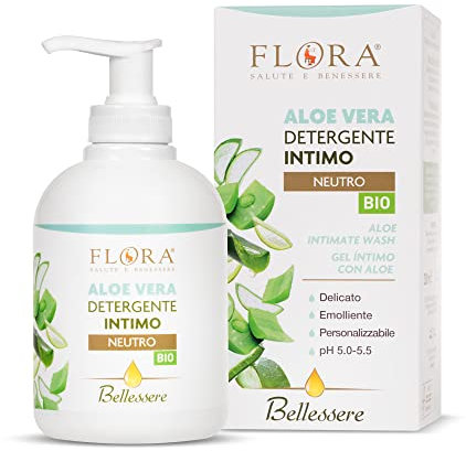 FLORA Bellessere Detergente Intimo Aloe Vera PH 5.0-5.5 - 250 ML con succo di Aloe vera per aiutare persone con allergie o pelli sensibili formulato per miscelarlo con oli essenziali puri 100%