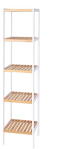 dibea Badezimmerregal mit 5 Ablageflächen Wohnzimmerregal Standregal Bambusregal Badregal Bücherregal Eckregal Küchenregal 33x33x146 cm, naturfarben/weiß