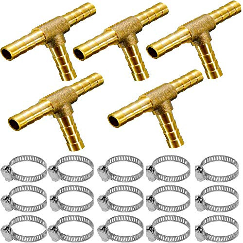 YOUHO 5 pcs 1/4(7mm) Brass Tee Barb Fittings for 1/4 ID Hose,15 pcs Stainless Steel Pipe Clamps,3 Way Union Intersection for Water/Fuel/Air(tee Hose Connector)