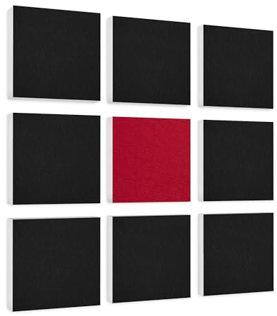 platino24 Akustikpaneele aus Basotect G+ mit Akustikfilz I 9 Stück I 27,5 x 27,5 cm I Wandpaneele in Schwarz & Bordeaux I Paneele aus Schaumstoff I Akustikplatten zur Schalldämmung in Büro & Wohnung