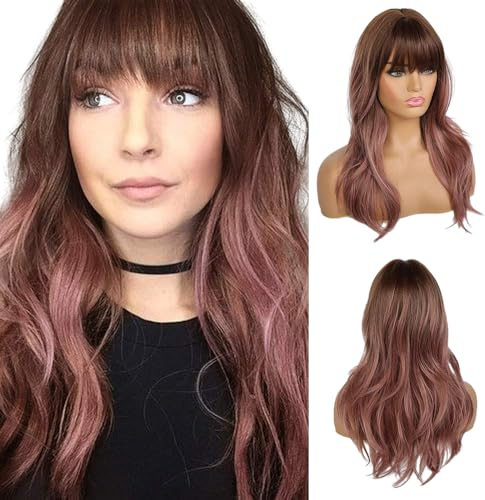 EMMOR Long Purple Pink Wigs With Bang for Women, Natural Looking Wavy Hair Synthetic Ombre Wigs, Finer/Lightweight/Heat Resistant for Everyday/Party/Cosplay (20 Inch)