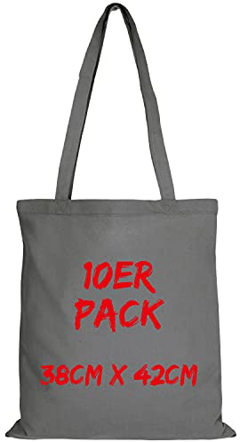 TEXXILLA Baumwolltasche - 10er Pack | Stahlgrau | mit Zwei Langen Henkeln | 38x42cm | Jutebeutel | Einkaufstasche | unbedruckt