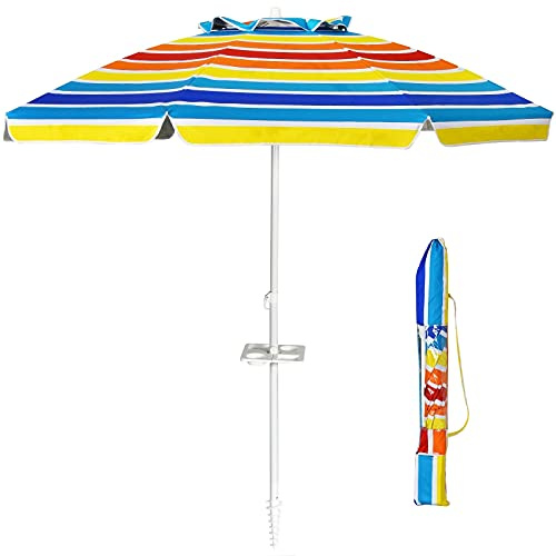 Giantex Parasol de plage 220 cm avec ancrage et porte-gobelet, inclinable, parasol de jardin, de terrasse, parasol de marché avec sac de transport, parasol rond, protection solaire UV50+, coloré, Groß