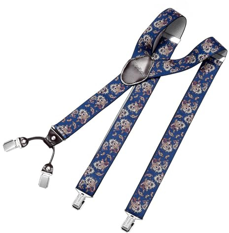 DonDon Bretelle da uomo eleganti extra forti 3,5 cm con 4 clip e toppa in pelle marrone - Paisley blu