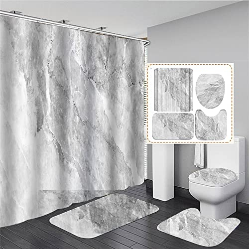 Hearda Juego de 4 Cortinas de Ducha Antideslizantes 3D mármol Impresión para Baño + Tapa de Inodoro + Alfombras + Alfombrilla de Baño + Cortina de Ducha con 12 Ganchos (4PC,Piedra Gris)