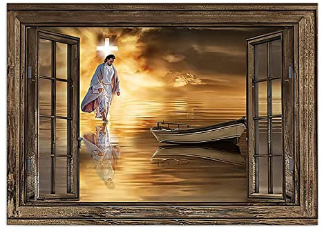 ZHONGYUTONG Jesus Leinwandbild Gott der auf dem Wasser geht Kunstdruck Wanddekoration Christus Kreuz Fenstermalerei inspirierendes Porträt Poster (20x25cm, Kein Rahmen)