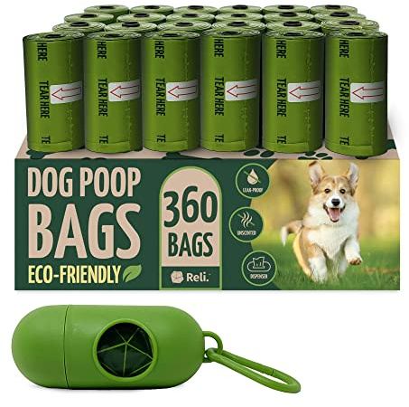 Reli. Biodegradable Dog Poop Bags w/Holder (360 Count - 24 Rolls) | 9x13 Large Dog Bags for Poop w/Dispenser | Green Eco-Friendly | Oxobiodegradable Pet Waste Disposal Refills (Unscented)