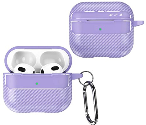GOKEN Cover per AirPods 3, Silicone TPU Fibra di Carbonio Custodia, Protettiva Case con Moschettone, Antiurto Protezione Shell, LED Frontale Visibile, Viola