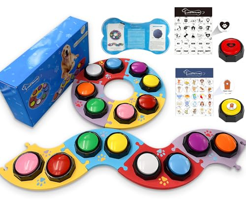 MMGGAISH 8 Hundeknöpfe, sprechende Hundeknöpfe, 30-Sekunden-Hundeknöpfe, 4 multidirektionale Patchwork-Hundeknopf-Pads und 50 Aufkleber, um Ihrem Hund das Sprechen beizubringen