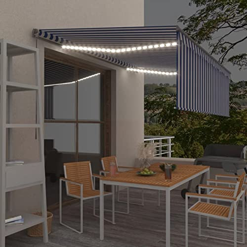 Gelenkarmmarkise Einziehbar mit Volant LED, CIADAZ Sichtschutz Balkon, Balkon Markise, Seitenmarkise, Klemmmarkise, Sonnenvorhang, Balkonmarkisen, 4x3 m Blau und Weiß