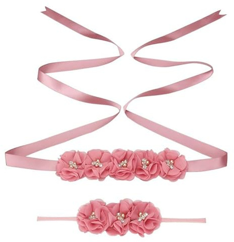 Wisafory Blumengürtel Stirnband Set Brautgürtel Hochzeitskleid Gürtel Perlen Strass Damen Taillengürtel Blumen Schärpe Satinband Hüftgürtel für Hochzeit Braut Babyparty Zubehör Dunkelrosa