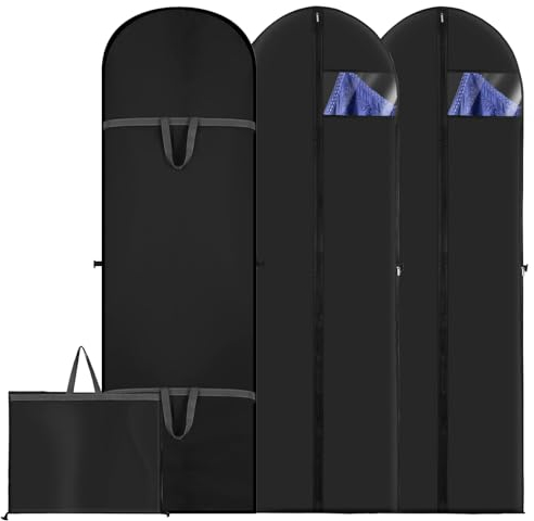 Aiuuee 3 Kleidersack Lang 180 x 60 cm, Faltbarer Lang Kleidertasche zum Aufhängen, Wasserdicht Kleiderschutzhülle mit Reißverschluss, Kleiderhülle Für Lange Kleider, Anzug(Schwarz)