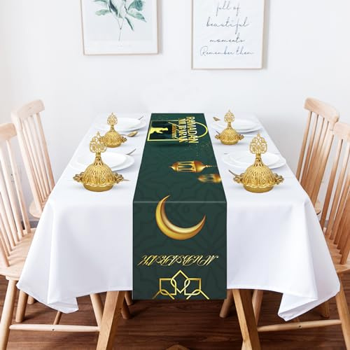 Eid Ramadan Mubarak bordslöpare 180 x 35 cm ramadan moské bordsduk polyester bordsskydd måne dekorativ muslimsk islamisk bordslöpare för semesterfest hem matbord dekor (180 x 35 cm)