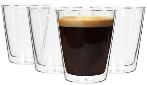 Rink Drink Double Walled Glasses - 200ml - Pack of 4 - Heat Resistant Tumbler Cups Insulated Glass Drinking Glasses for Coffee, Latte, Ice Cappuccino, Tea, Hot Chocolate