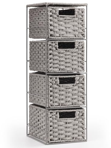 EHC Drawers Storage Unit Baskets, 4 Drawer Wicker Hand-Woven Storage boxes Shelves, Slimline Ideal For Organising Home or Office - Grey