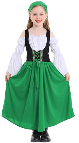 SEAUR Trachtenkleid Mädchen Dirndl Kleid mit Trachtenbluse und Dreieck Kopftuch Kinderdirndl zum Bayerisches Oktoberfest Schulterfrei Ausgestellte Ärmel Falsches zweiteiliges Dirndlkleid - L - 140-146