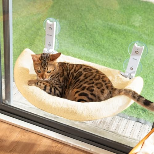 CATISM Foldable Cat Window Perch - Semicircular Cat Window Bed - Reinforced Window Hammock with Strong Suction Cup - Sturdy Frame for Glass Windows and Interior Walls(Beige)