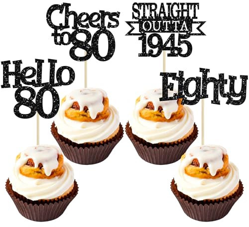 Ephlyn 24Pcs Happy 80th Birthday Cupcake Toppers Glitter Straight Outta 1945 Cupcake Picks Hello 80 Cheers to 80 Years Birthday Cake Decorations for 80th Birthday Anniversary Party Supplies Black