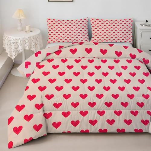 TMMDH Bettdecke 200x220 Ohne Bezug Nutzbar, Liebesdruck Bettdecken Waschbar Ganzjahresdecke Liebe 4 Jahreszeiten Steppdecke, Bettzeug Microfaser mit 2 Kissenbezug für Sommer Winter Doppelbett