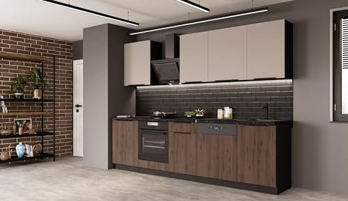 Küche Monza + Arona Basic 280 cm Küchenzeile Küchenblock Einbauküche Nussbaum Okapi matt + Kaschmir beige matt