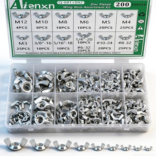 Aienxn 200PCS Wing Nuts Assortment Kit, Metric & SAE Sizes- M3 -M12, #6-32 to 3/8-16 Zinc Plated Wingnuts Fasteners, Parts Butterfly Wing Nut