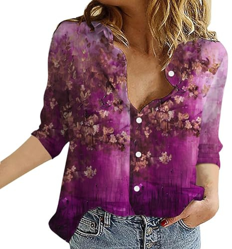 Damlinneskjorta i bomull elegant avslappnad överdimensionerad bomullströjor bekväm kavajkrage lätt modeblus med knappar enfärgad blus arbete vintage andningsbar linneskjorta, Varm rosa, XXL