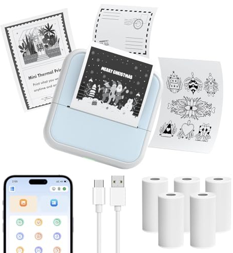 OFFCUP Mini Drucker Thermo, Kleiner Fotodrucker für Smartphone Bluetooth Taschendrucker mit 5 Papierrollen, Tragbarer Mini Printer Thermodrucker für Studiennotizen Fotos Memo Liste, Blau | Taschen-Thermodrucker, Bluetooth, kabellos, tintenlos, Fotodrucker, eingebauter 1500-mAh-Akku für Android iOS (Blau)