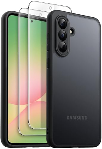 JETech 3-i-1 Matte Skal för Samsung Galaxy A56, Svart | 2 Skärmskydd av Härdat Glas, Kameralinsskydd, Frostat Genomlysande Mobilfodral
