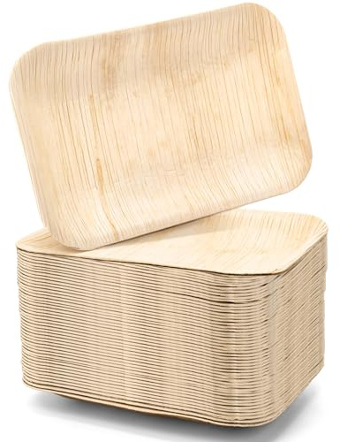 Cididu Paquete de 35 platos de hoja de palma desechables, bandejas rectangulares de bambú de 6 x 9 pulgadas, mini tabla de embutidos, platos de servir aperitivos para queso, postres, fiestas, bodas