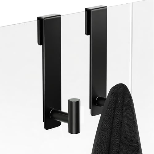 WUIVIUT T-Shape Heavy-Duty Stainless Steel Over The Glass Door Hooks - Frameless Glass Door Hooks for Bathroom Shower Towel Holder 19 cm Hook for Robe,Towels,Shower(T Shape 2 Pack, Fits 3/8'' Thick)