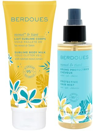 BERDOUES - Brume parfumée protectrice cheveux 100 ml + Lait corps pailleté 200 ml. Parfum Monoï Tiaré. Parfum femme, 95% d'origine naturelle. Vegan, Made in France.