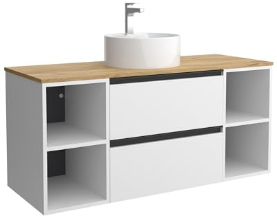 Cygnus Bath Mueble de Baño BEQUIA Plus Metal 120cm Blanco Mate | Lavabo sobre encimera Porcelana Centrado 2H