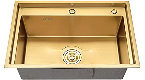 CAFIEDR Fregadero de Cocina Rectangular Dorado de un Seno con desagüe y 2 Orificios. Fregadero de Acero Inoxidable, Hecho a Mano.