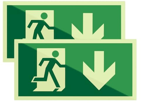 NOPKESV Señal de Emergencia 2 Unidades, Cartel y Señales Sal de Evacuación Autoadhesiva de Vinilo (Flecha Hacia Abajo), PVC Homologada, Clase B, 32x16cm, Cumple con ISO DIN 7010 / DIN 67510
