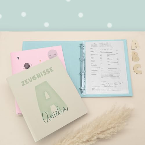 Zeugnismappe A4 personalisiert, Ringordner mit Namen, Leinen-Ordner für Schulzeugnisse, Geschenk Einschulung Mädchen & Jungen, Schulordner (Buchstabe Mint, Creme, Standard)