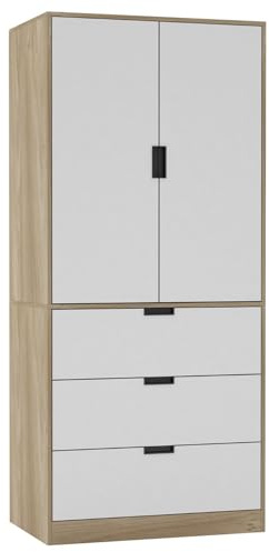 URBNLIVING Modern 2 Door Wardrobe with 3 Drawers & Hanging Rail, Stylish Freestanding Storage, Spacious Interior, Durable Chipboard Build, Easy to Assemble Bedroom Furniture