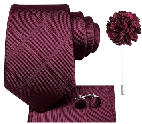 Hi-Tie Krawatten für Herren, Einstecktuch, Anstecknadeln, Manschettenknöpfe, formelle gewebte Seide, Krawatten-Set, Hochzeit, Party, Dunkles Burgunderrot kariert, M