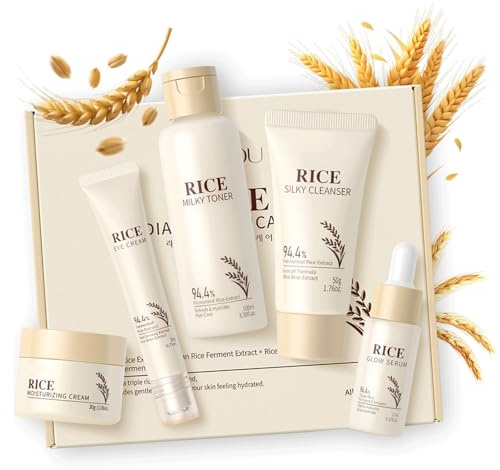 Korean Rice Skincare Set, Glass Skin Care Gift Set, Skincare Kit mit Rice Milky Toner, Glow Serum, Cleanser, Face Cream, Eye Cream, Vegan Gifts for Women, Gentle & Smooth Beauty Sets