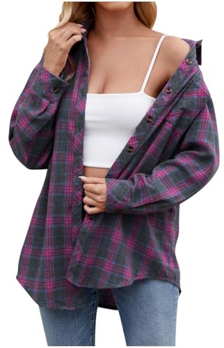 WAZHAKU Chemisier à carreaux pour femme - Chemise en flanelle à manches longues - Chemise à carreaux - Chemise de bûcheron - Chemisier traditionnel - Chemise en velours côtelé - Chemise à manches