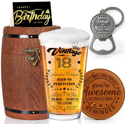 Joybble 18th Birthday Gifts for Boys, Personalised 18 Years Old Beer Glass in Vintage Box, Birthday Decorations for Him, Beer Glasses Gift Set with Leather Coaster Keyring, Funny Gift Ideas for Son