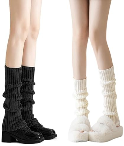 KASLCWA 2 Paires Jambières Tricotées Pour Femmes Et Filles, Jambières Guêtres Femme, Leg Warmers, Manchettes Tricotées 80s pour Filles Dames, pour l'hiver quand il fait froid (noir, blanc)