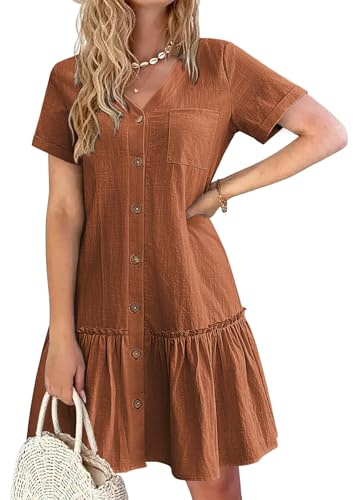 Hotouch sommarklänning dam button down linneklänning strandklänning casual v-ringad miniklänning kortärmad A-linje klänning volangkuvert klänningar